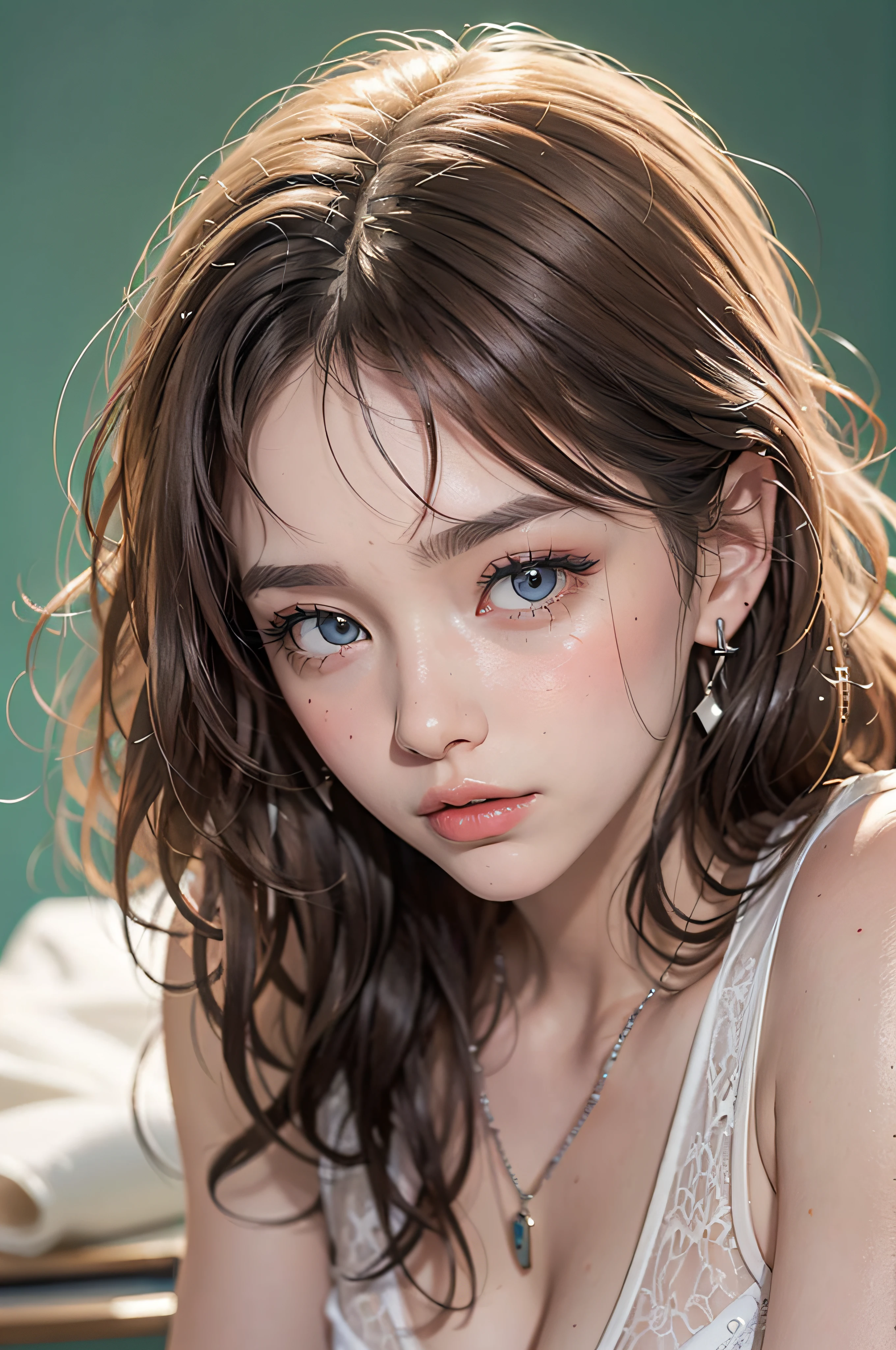 (masutepiece: 1.3), (max resolution: 1.2), (Ultra HDTV: 1.2), cinematric light, 8K resolution, Detailed eyes and skin, detailed facial features, , (Sharp Focus: 1.2）, (Focus on Face:1.2),Perfect Style, Beautiful face, acurate, Anatomically correct, Highly detailed face and skin texture, Detailed eyes, Double eyelids, Thin eyebrows, Glitter Eyeliner: 1 Natural cheeks, Glossy skin, Fair skin: 1.2, (Glossy lips: 1.4),、 (Shy look: 1.2),Highly detailed facial and skin texture, Detailed eyes, Double eyelids, Natural cheeks, , shiny lips: 1.4,Exposed cleavage、（A large amount of sperm in the chest:1.4）（Large amount of sperm in the thighs:1.2）、 red blush、humiliated、impatience、dismay、Frightened、glares、Tears、embarrassed from、Open knees、open one's legasturbation behavior、masturbation、rubbing the genitals with fingers,,,,,,,,,、 White underwear、White bra、Shiny little earrings and necklaces、、Disheveled clothes、Dressing、Exposed panties、Wearing sweat、sodden、Sheer underwear、Full body like、 18year old, Neat and clean woman 、Small breasts, upturned breasts,Sitting at a desk, ‎Classroom、Blue ash eyes,(hi-school girl:1.6)、