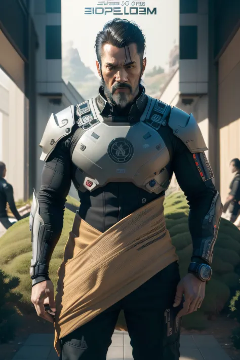 Deus Ex Human Revolution, digital glitch effect, (poster:1.6), poster on wall, movie poster, smoking, ((Tilt shift)), ((industri...