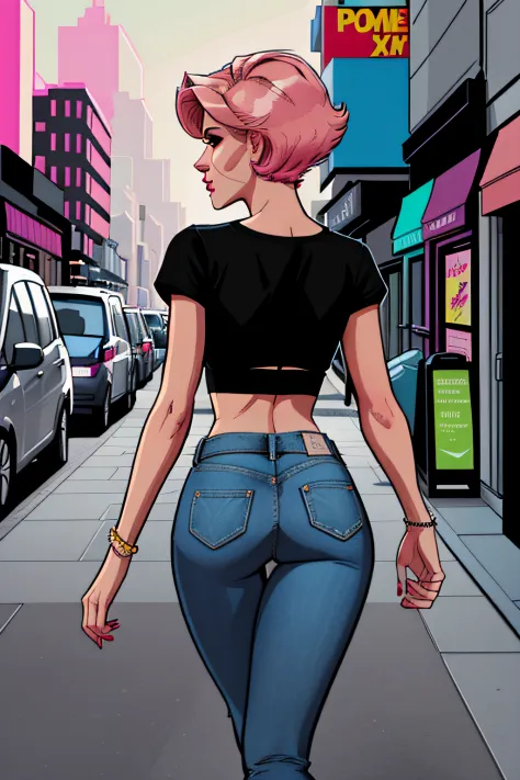 closup view of an woman, walking down the city pavement, daytime, detailed short pink hair Short Side Comb haircut, wearing a black tshirt crop top, denim pants, backside view, comic book style, flat shaded, prominent comic book outline linework