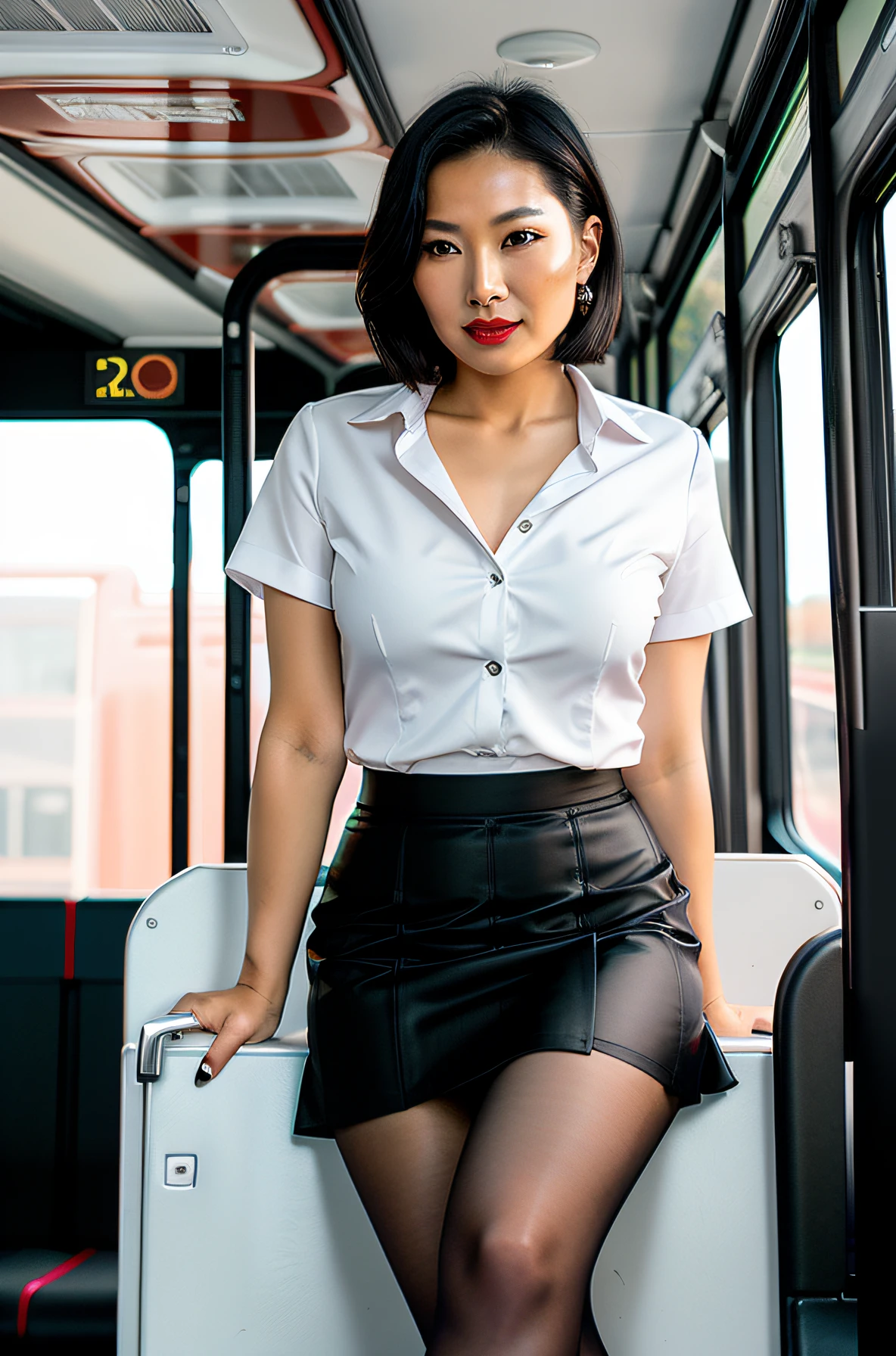 Arafed asian woman in a short skirt and white shirt sitting on a bus -  SeaArt AI