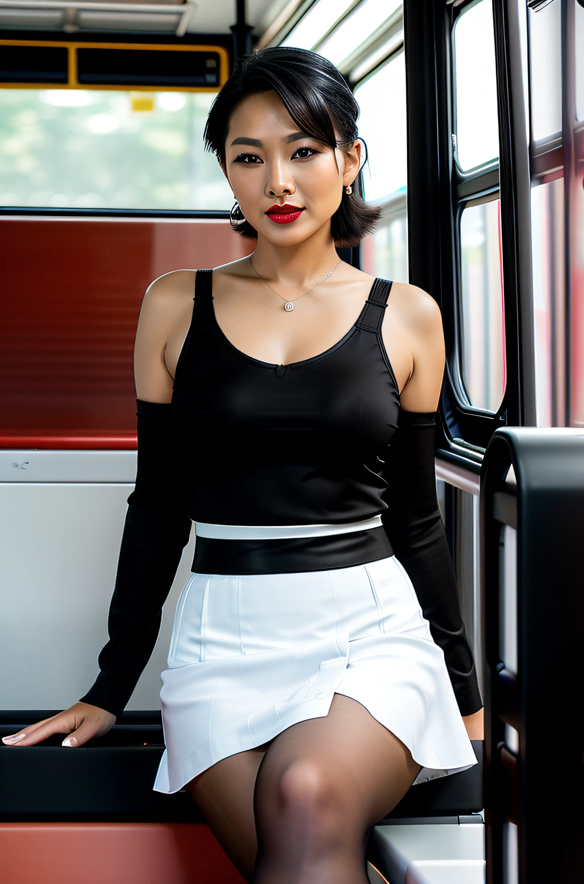 Araffe woman sitting on a bus with a black top and white skirt - SeaArt AI