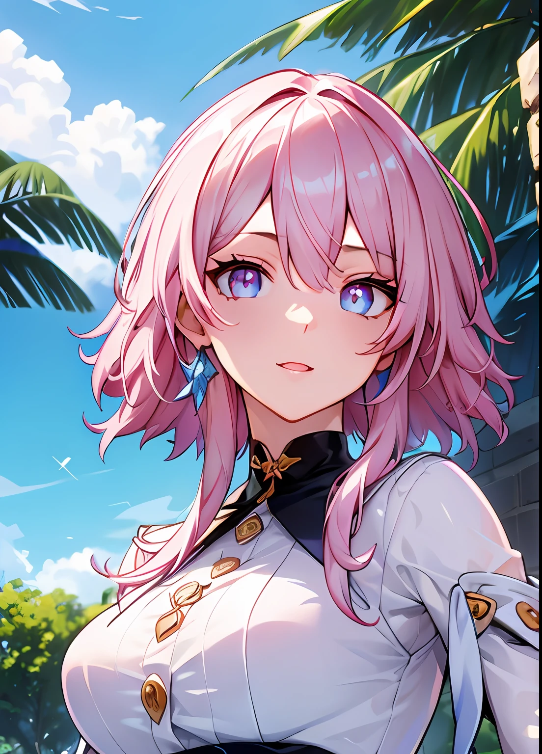 ph_Mar, Marhd, Mards, 1girl, solo, jewelry,  blue eyes, pink eyes,  hair between eyes, short hair, purple eyes, multicolored eyes,  bikini, ocean, bay, trees, (masterpiece:1.6, best quality),  (finely detailed beautiful eyes: 1.2), ultra-detailed, illustration,beautiful detailed eyes, upper body,