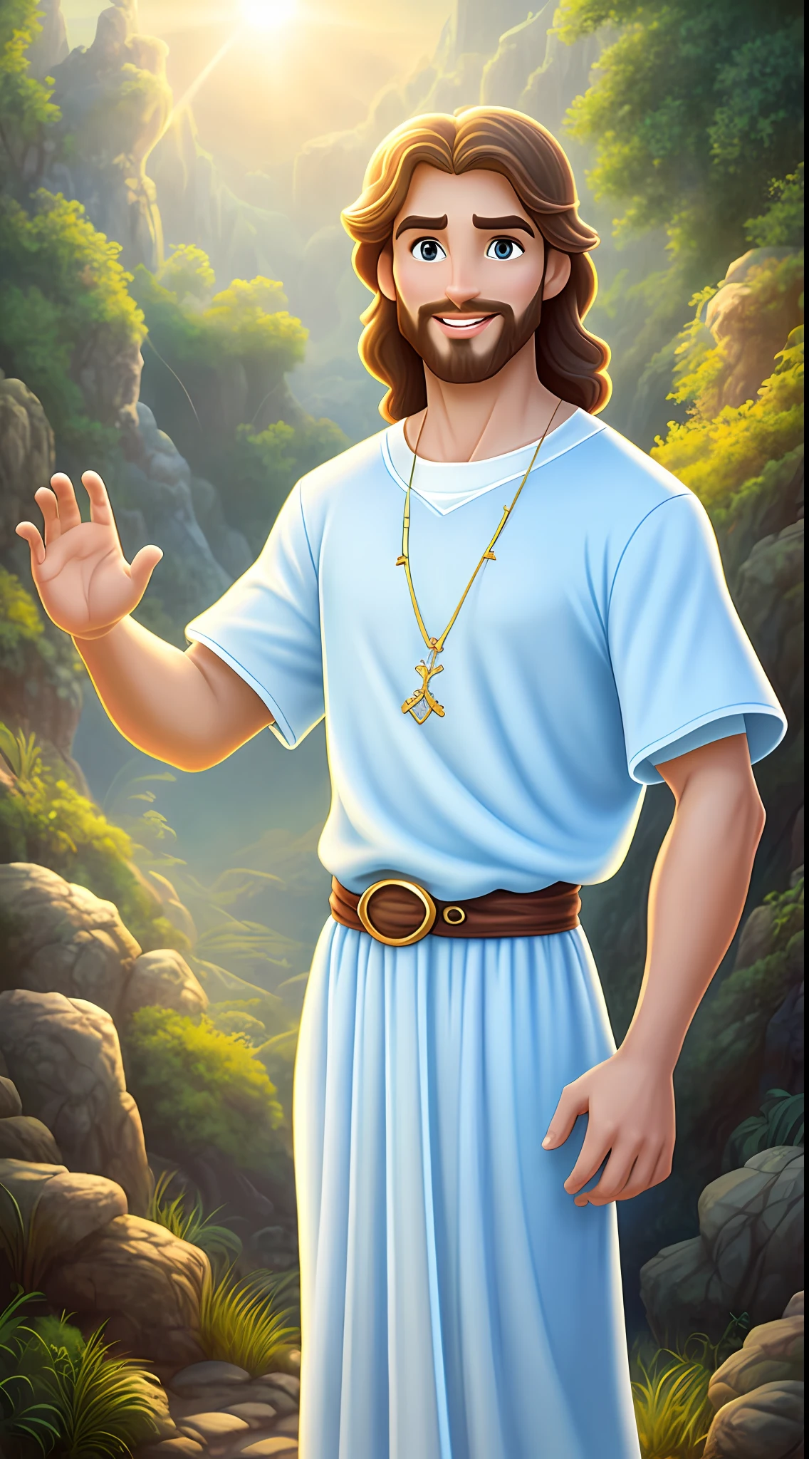 Qualidade de arte original, foto de corpo inteiro, Estilo de animação de personagens da Disney, jovem e bonito Jesus Deus, postura em pé, mãos naturalmente colocadas em ambos os lados, olhando para frente, expressão gentil e sorridente, olhos cheios de luz, fundo azul claro, Translúcido, com luz como tema, o foco da luz está nos personagens, a imagem geral é fresca e brilhante.