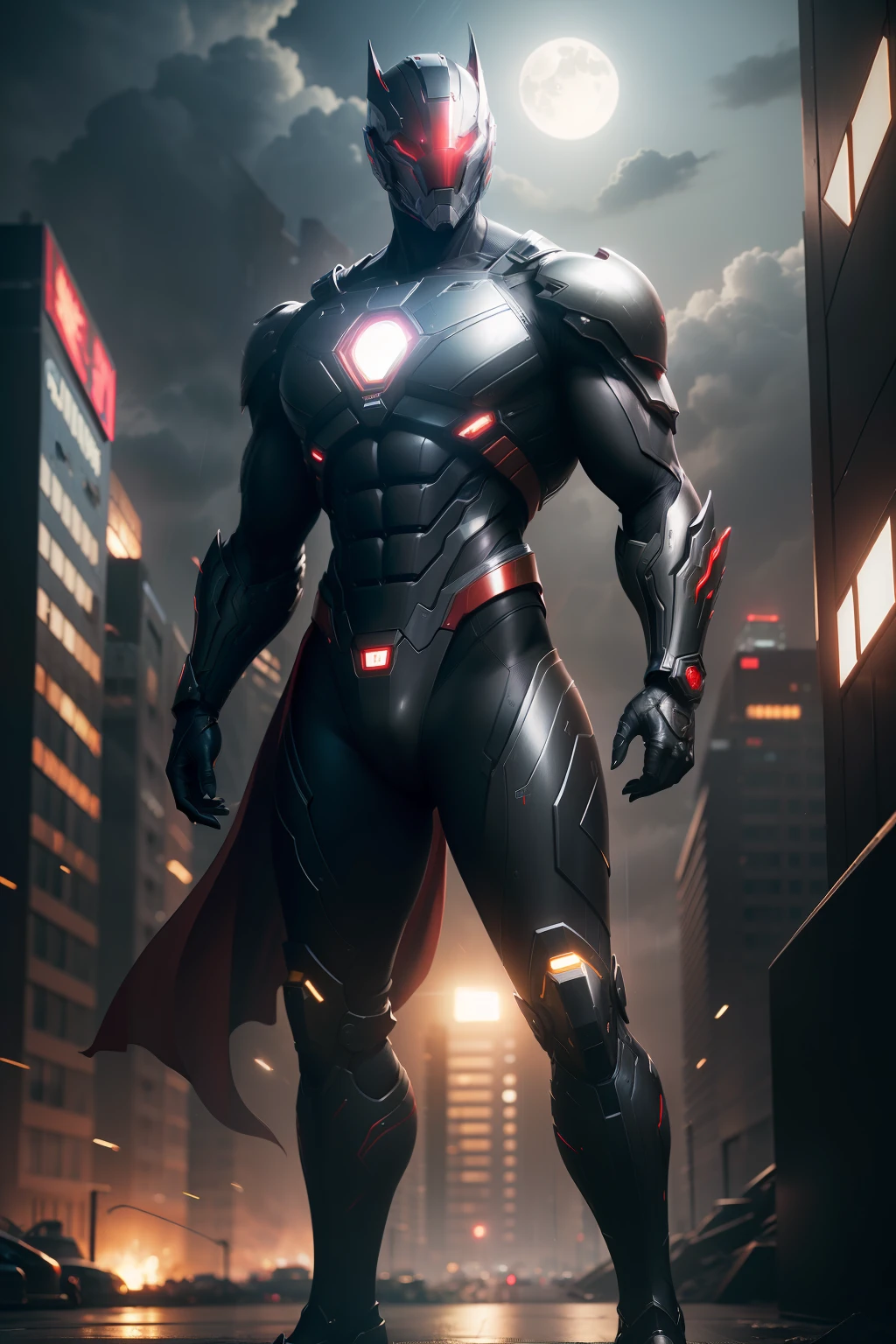 Superman, WARFRAME, intricate pattern, heavy metal, energy lines, faceless, glowing eyes, elegant, intense, blood red and black uniform, solo, modern, city, streets, dark clouds, thunderstorm, heavy rain, dramatic lighting, (masterpiece:1.2), best quality, high resolution, beautiful detailed, extremely detailed, perfect lighting,(full body, (dynamic pose), action pose), (rim lighting, studio lighting, distant moon light, night, bloom), (cinematic, best quality, masterpiece, ultra HD textures, highly detailed, hyper realistic, intricate detail, 8k, photorealistic, concept art, matte painting, autodesk maya, vray render, ray tracing, hdr), (dslr, full frame, 16mm focal length, f/8 aperture, dynamic perspective, dynamic angle, golden ratio, wide photography, wide field of view, deep depth of field, zoom out) techwear, urbansamurai 3d, realistic cyborg in a cyberhelmet head