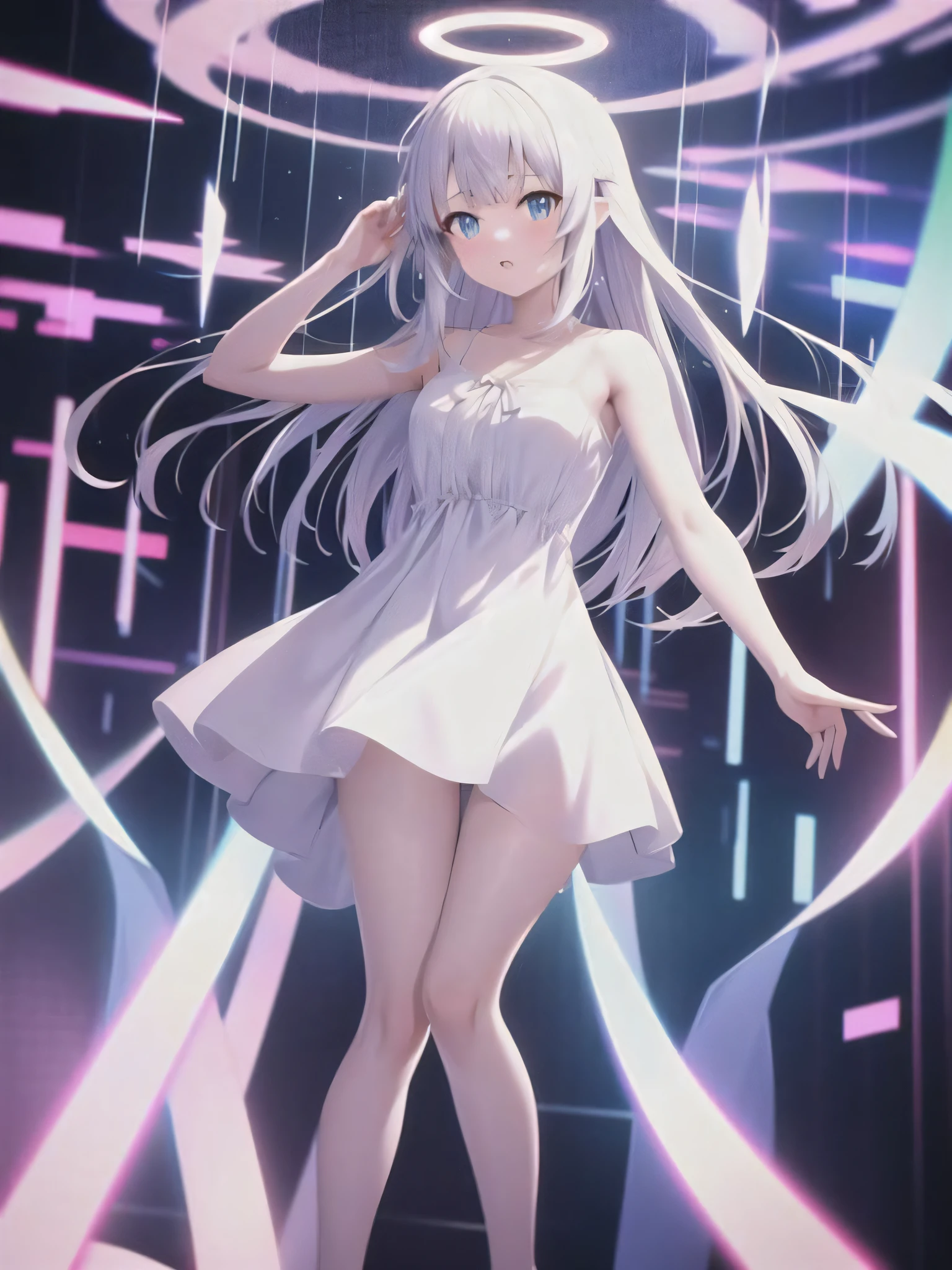 Anime of girl in white dress dancing, halo over her head, glitchy, glitch art, Chromatic aberration, nobody knows the future