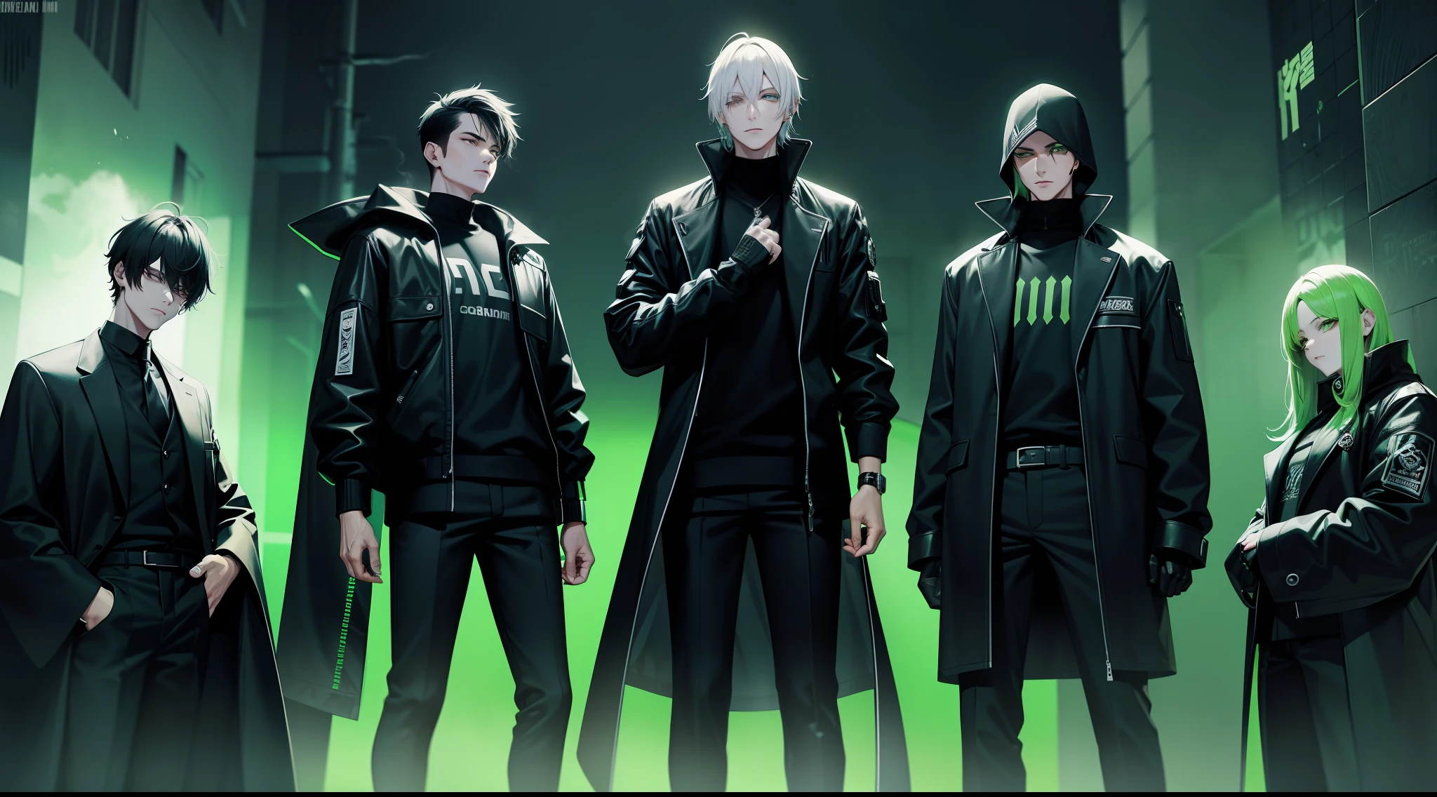 una banda cibernética vestida de negro con detalles verdes, aura de humo, Veneno