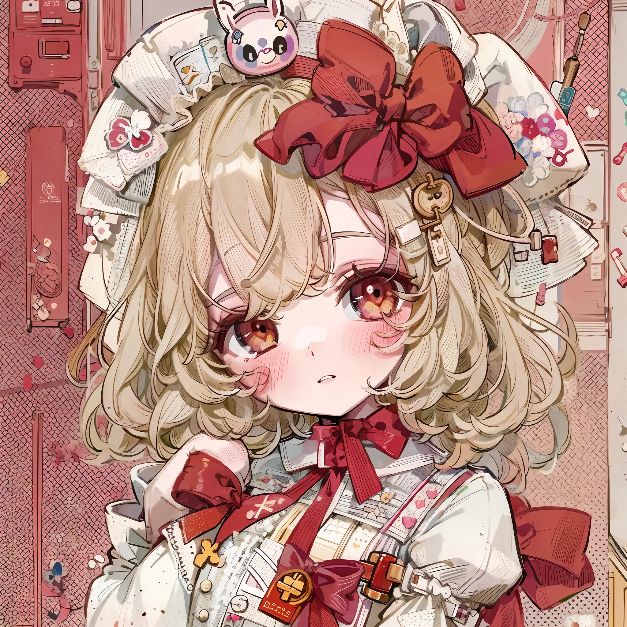 Character design，Q version，tchibi，Cute，The ratio of the head to the body，clothing design，Lolita prostitute，Gorgeous dresitts，curlies，very intricate，Exquisite，shift dresses，Bow knot，frilld，ribbon，bandagens，Nurse style，Huge syringe，pill，Red Cross，Y2K，E-girls，Unilateral eye patch，Love decoration，subculture，Sick，bloods