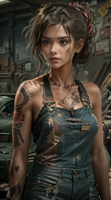 ((best quality)), ((masterpiece)), (detailed), mesmerizing and alluring female mechanic covered in grease, (dirty and rugged cha...