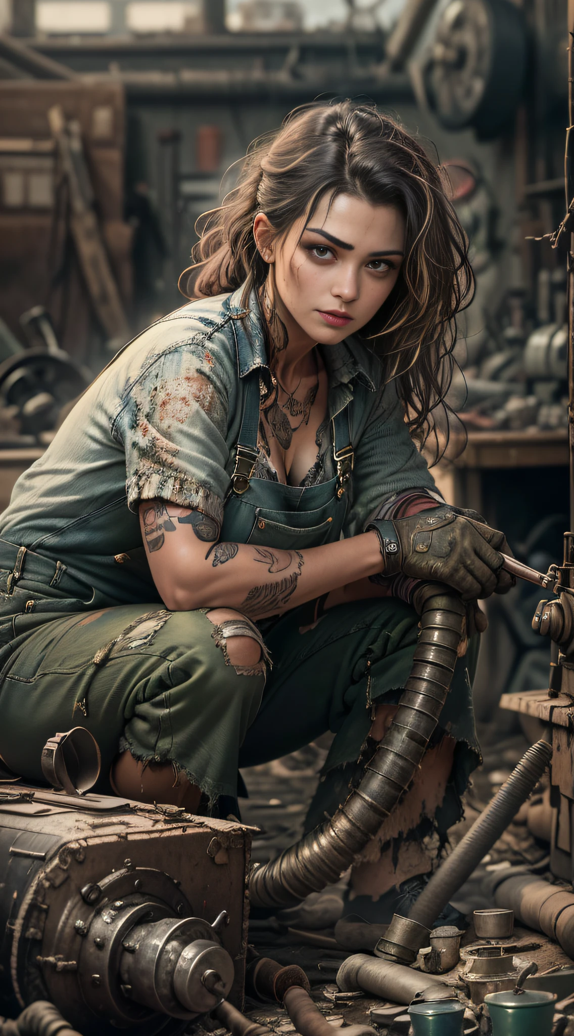 ((best quality)), ((masterpiece)), (detailed), mesmerizing and alluring female mechanic covered in grease, (Dirty and rugged charm:1.2), (tough and confident demeanor:1.1), (mechanical expertise:1.3), disheveled hair, smudged face with a playful smirk, stained overalls clinging to her curves, (gritty tools of the trade:1.2), cluttered repair shop, scattered car parts, (authentic automotive ambiance:1.2), (intense gaze:1.1), gripping a wrench in her dirty hands, 8k resolution,looking at another, looking away,( tattoo:1.2), masterpiece, best quality,