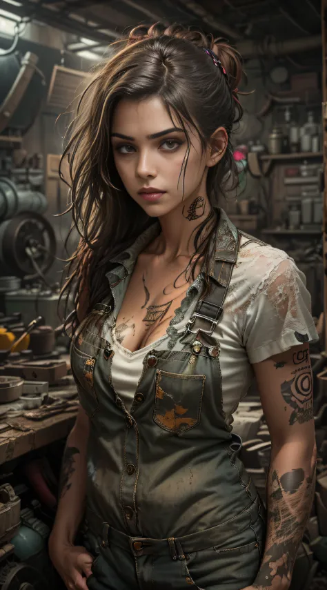 ((best quality)), ((masterpiece)), (detailed), mesmerizing and alluring female mechanic covered in grease, (Dirty and rugged cha...