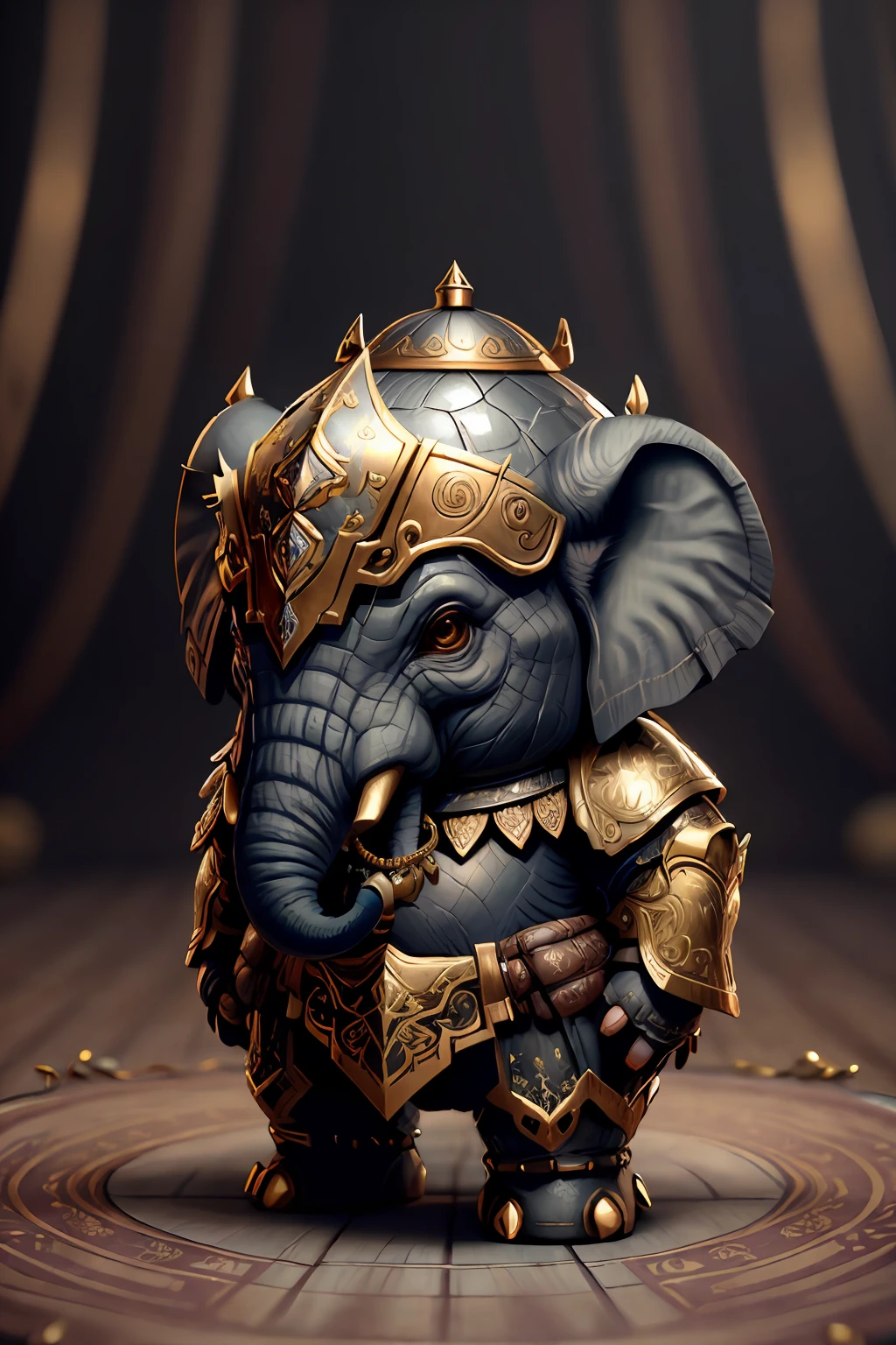 3dcreature cute elephant wearing knightly armor with detailed floral decorations，1boy，largeeyes，tchibi，realisticlying，Hyper-realistic，ultra - detailed，analogue style，hip is cocked，dignified，low chest，Black lace，Detailed skins，Matte skin，gentlesoftlighting，sub surface scattering，realisticlying、Heavy shadows、tmasterpiece、best qualtiy、Ultra photo realsisim、8k、the golden ratio、iintricate、high detal、Film photography、soft focus