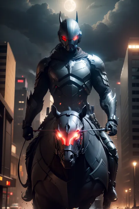 Dark Knight on the horse, WARFRAME, intricate pattern, heavy metal, energy lines, faceless, glowing eyes, elegant, intense, blood red and black uniform, solo, modern, city, streets, dark clouds, thunderstorm, heavy rain, dramatic lighting, (masterpiece:1.2...