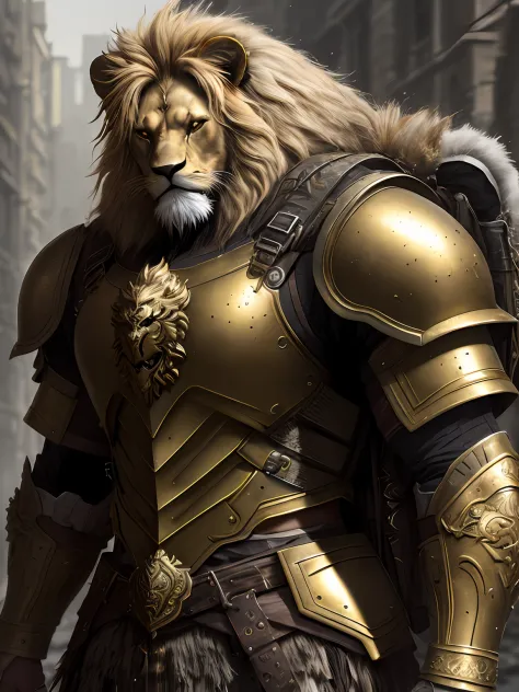 ，gold armor，metalictexture，Lion head,Hairy，strong muscular man, street angry, backpack, epic realistic, photo, faded, complex stuff around, intricate background, soaking wet, neutral colors, ((((hdr)))), ((((muted colors)))), intricate scene, artstation, i...