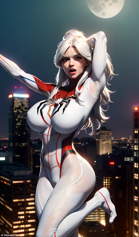 (Masterpiece, 4k resolution, ultra-realistic, very detailed), (White superhero theme, gigantic breasts, charismatic, there's a girl on top of town, wearing Spider-Man costume, she's a superhero), [ ((25 years), (long white hair:1.2), full body, (((gigantic...