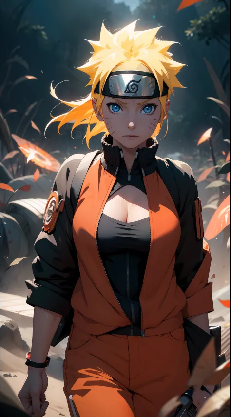 Naruto Uchiha Vortex is super realistic，detail-rich，Super short blonde hair，Orange clothes，Forehead，one-girl，Large breasts，cleav...