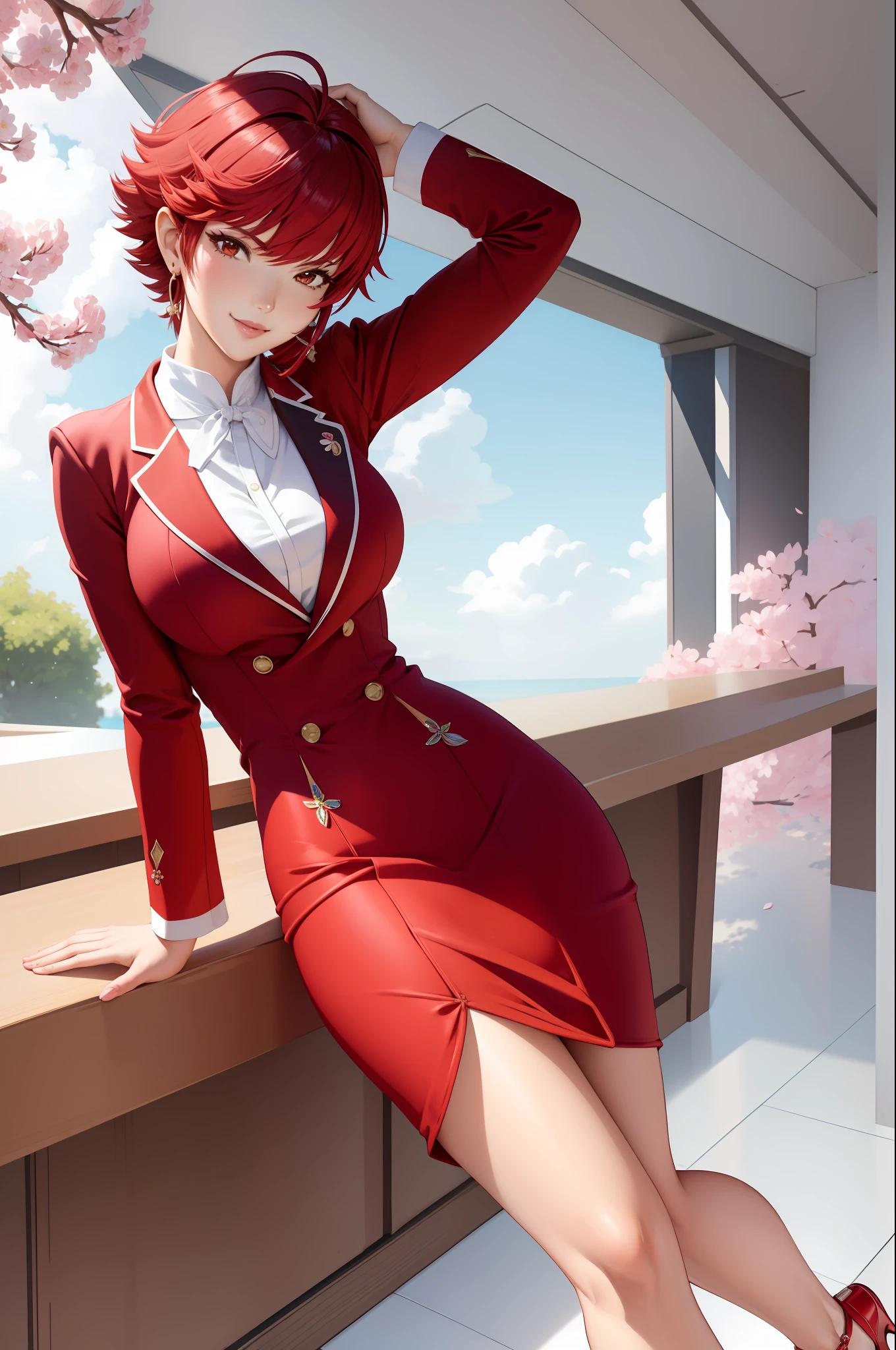 masterpiece, best quality, hinoka, red skirt suit, red blazer, red pencil skirt, high heels, side view, full body, looking at viewer, smile, hand in hair, cherry blossoms