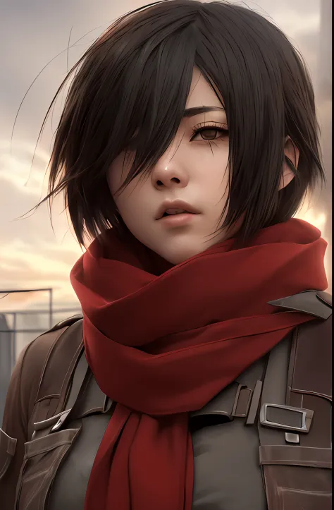 masterpiece,best quality,1girl,mikasa_ackerman,Red scarf,sky,gloomy,Combat posture,sinister gang,butyric,Minimalism,Impact art,r...