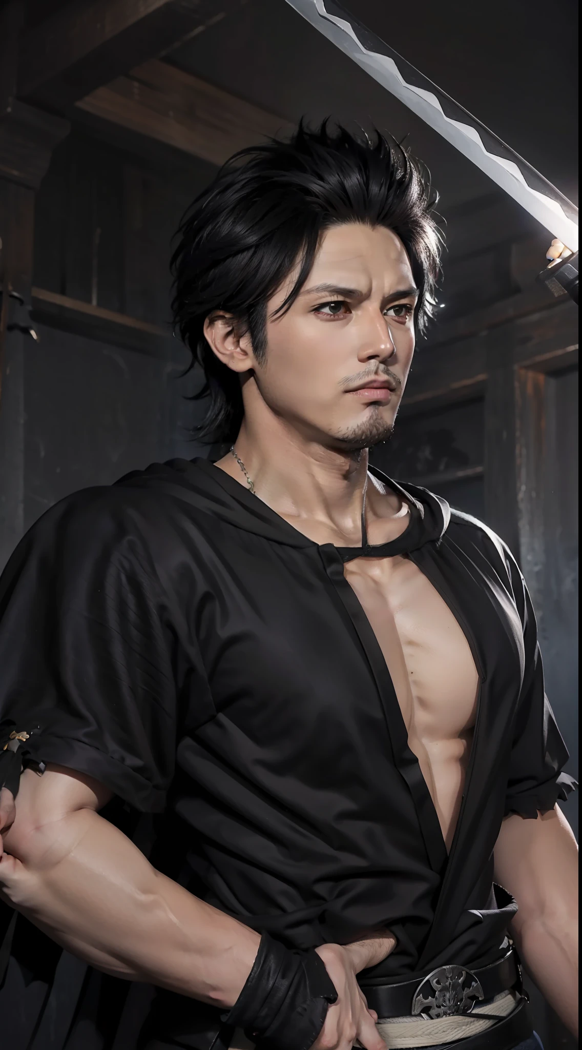 yami from the anime black clover, black hair, katana, wielding a katanan, handsome man, muscular man, has a beard. looking at the audience, staring intently, wearing formal wear