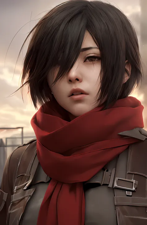 masterpiece,best quality,1girl,mikasa_ackerman,Red scarf,sky,gloomy,Combat posture,sinister gang,butyric,Minimalism,Impact art,r...