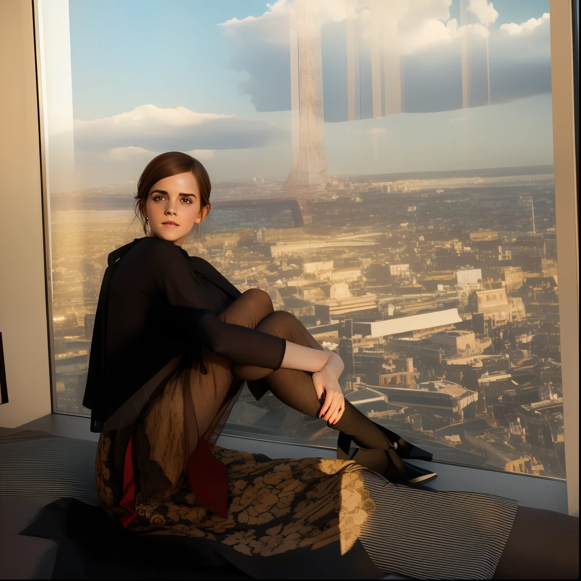 Emma Watson, A tall slender adult woman sitting on her bed in the dark bedroom, she wears a short dark red skirt and a black lace bra, ((small_breasts)), collarbone, small head, (photorealistic:1.2) (best quality) (intricate details) (8K) (High Poly) (ray tracing) (cinema lighting) (Sharp focus) (detailed face), whole body, realistic skin textures, (she is 40 years old), she looks seductively into the camera