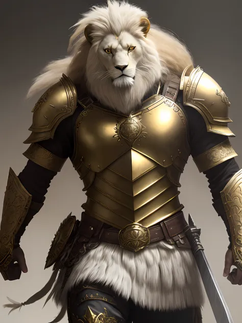 ，gold armor，metalictexture，Lion head, white Hairy，White lion，strong muscular man, street angry, backpack， Carrying a giant sword on his back，Knife at waist, epic realistic, photo, faded, complex stuff around, intricate background, soaking wet, neutral colo...