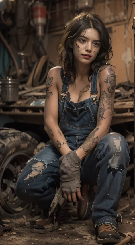 ((best quality)), ((masterpiece)), (detailed), mesmerizing and alluring female mechanic covered in grease, (Dirty and rugged cha...