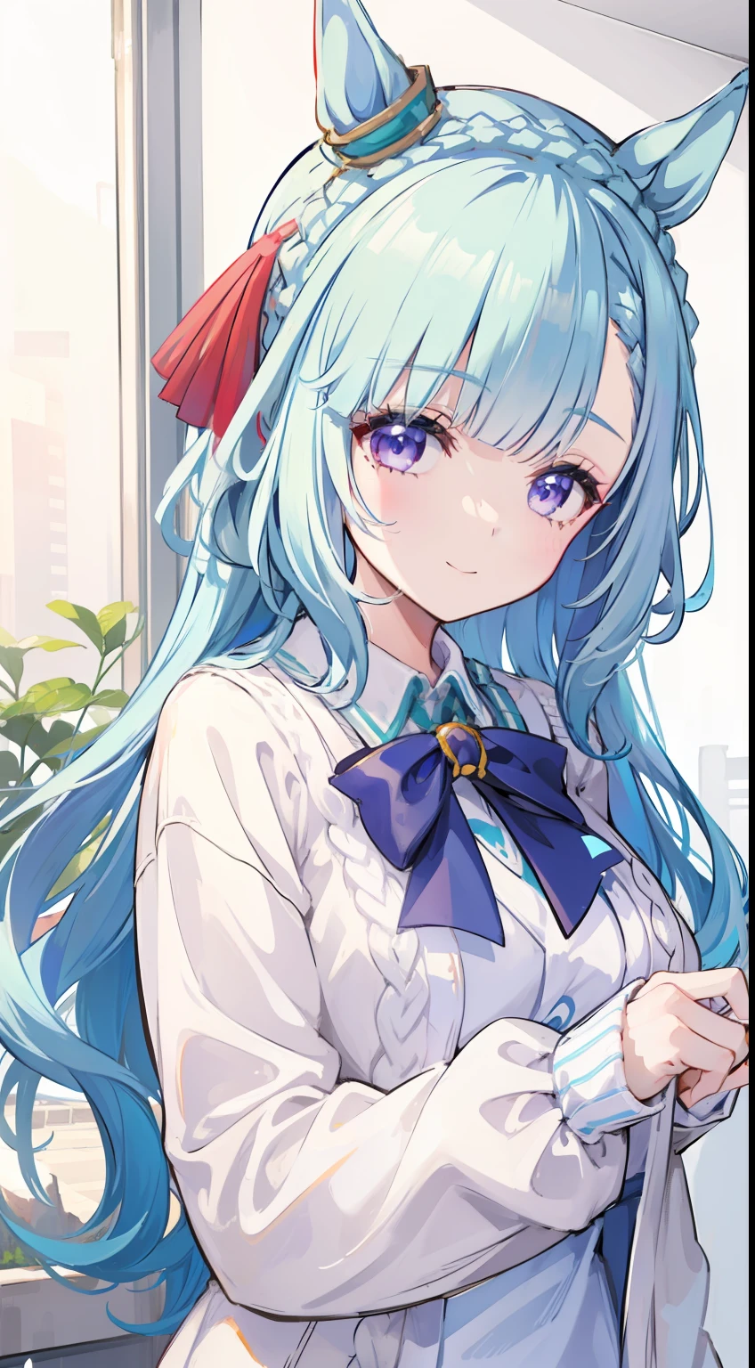 mejiro ardan(umamusume)、white sweater、light blue hair、smile