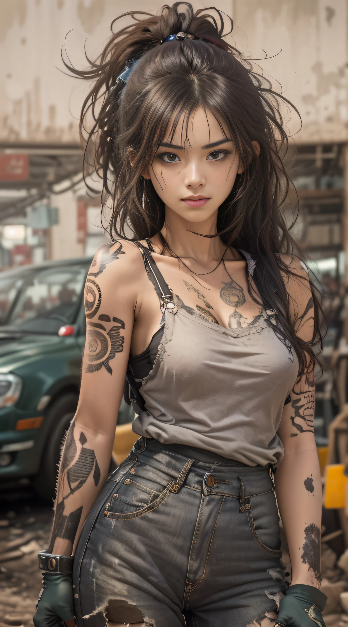 ((best quality)), ((masterpiece)), (detailed), Extremely beautiful Chinese girl， mesmerizing and alluring female mechanic covered in grease, (Dirty and rugged charm:1.2), (tough and confident demeanor:1.1), (mechanical expertise:1.3), disheveled hair, smudged face with a playful smirk, stained overalls clinging to her curves, (gritty tools of the trade:1.2), cluttered repair shop, scattered car parts, (authentic automotive ambiance:1.2), (intense gaze:1.1), gripping a wrench in her dirty hands, 8k resolution,looking at another,  looking away,( tattoo:1.2), masterpiece,  best quality,