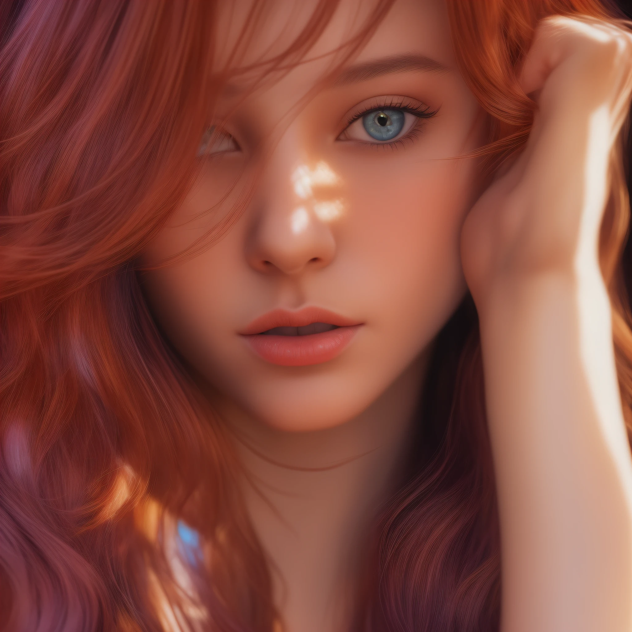 (1girl: 1.3), 独奏, close-up, portrait, girl of Slavic appearance, twenty five years, beautiful female breasts, women's topic, long hair, lush hair, red hair color, super detailed face, anatomically correct, realism, hyperrealism masterpiece, hyper realistic face, hyper realistic facial features, super details, high detail, Color Field painting, drop shadow, glowing light, bright colors, expressive colors, anatomical correctness of the hands, ray tracing, Sony FE GM, UHD, 16k, best quality, higher, super detail, anatomically correct, hyper realistic clothing textures, hyper realistic fabric textures, textured skin, photorealism, ccurate, masterpiece, high details, high quality, best quality, highres