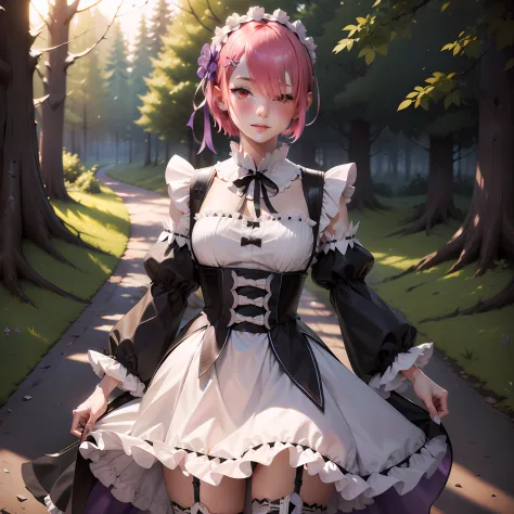 masterpiece, best quality, highres, ram1, 1girl, solo, ram \(re:zero\), pink hair, white thighhighs, short hair, red eyes, hair ...