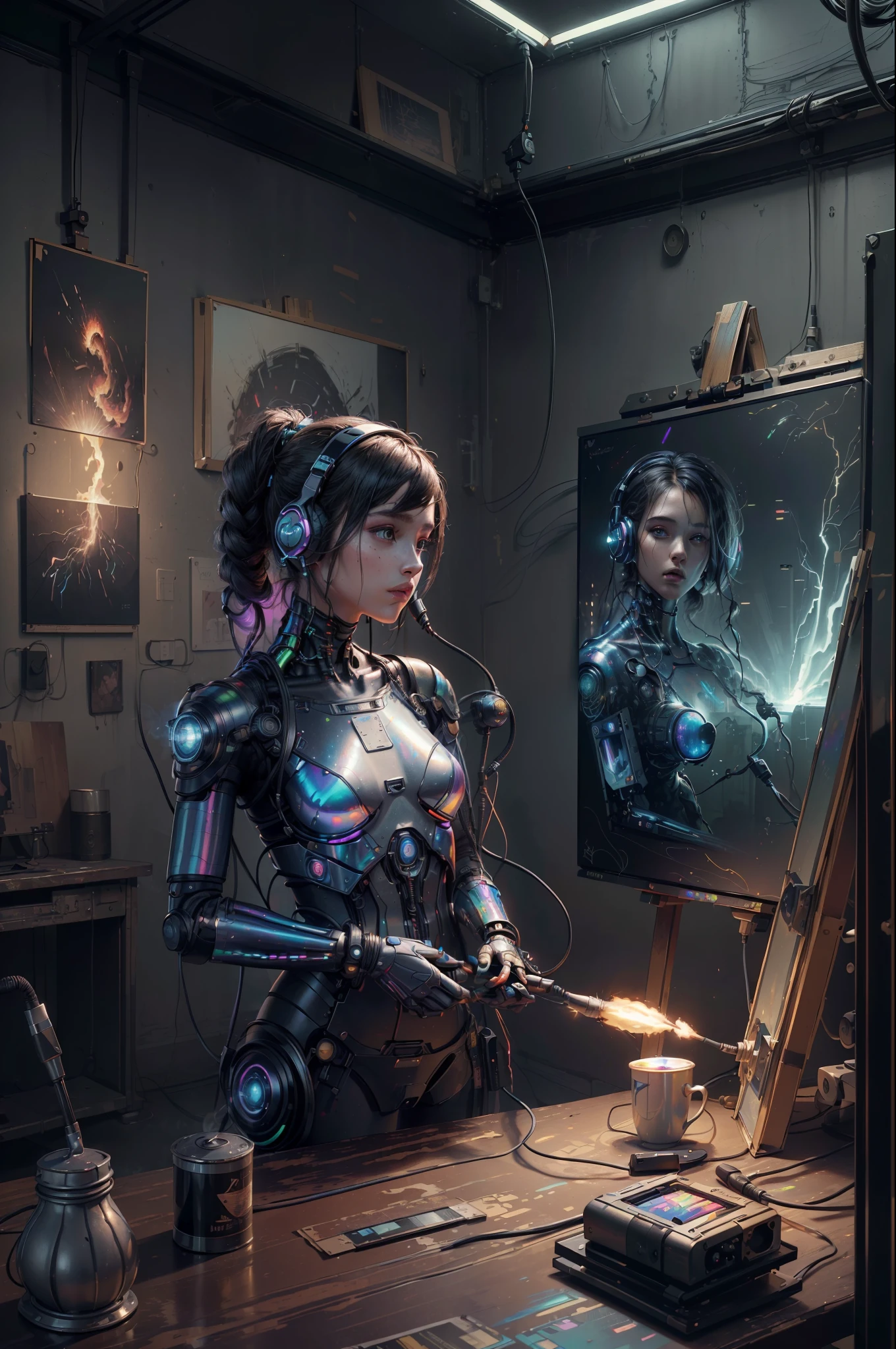 (masterpiece, best quality, highres, absurdres, detailed:1.2), humanoid, robot, wearing headphones, looking away, (cyberpunk, art canvas, paint brush, easel, iridescent, holographic: 1.6), (cables, wires, flames, fire, smoke, overheat, explosion, indoors, room, simple background)