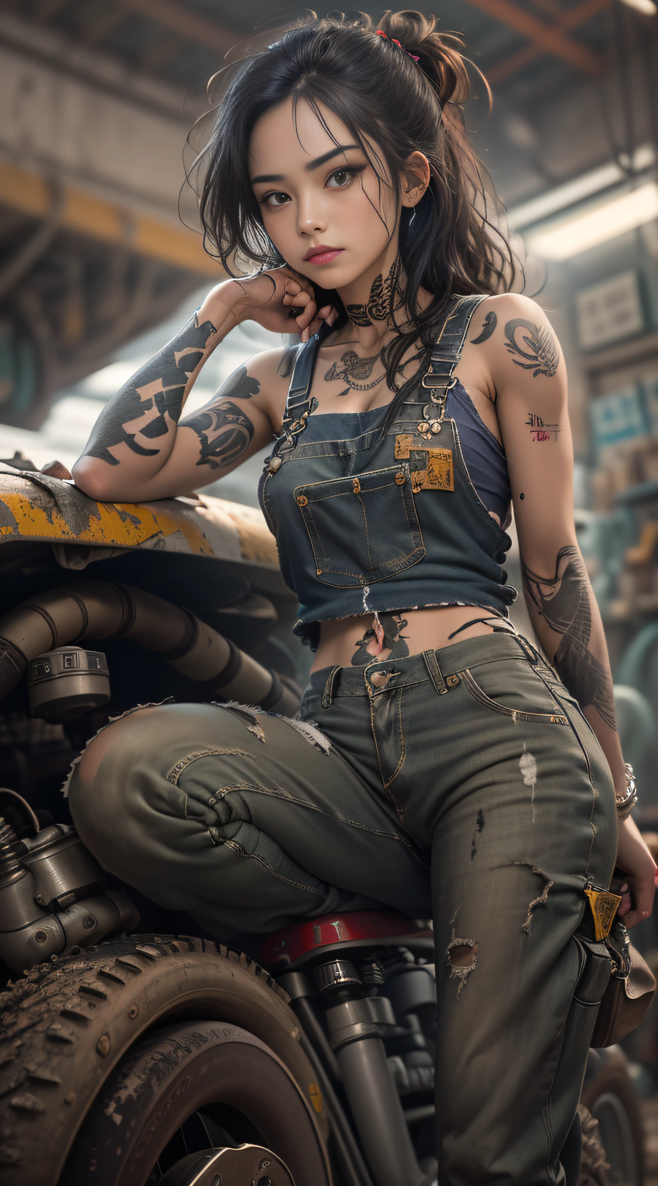 ((best quality)), ((masterpiece)), (detailed), Extremely beautiful Chinese girl， mesmerizing and alluring female mechanic covered in grease, (Dirty and rugged charm:1.2), (tough and confident demeanor:1.1), (mechanical expertise:1.3), disheveled hair, smudged face with a playful smirk, stained overalls clinging to her curves, (gritty tools of the trade:1.2), cluttered repair shop, scattered car parts, (authentic automotive ambiance:1.2), (intense gaze:1.1), gripping a wrench in her dirty hands, 8k resolution,looking at another,  looking away,( tattoo:1.2), masterpiece,  best quality