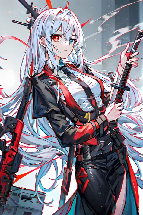 White long hair anime girl holding sword and gun, from girls frontline, girls frontline style, Fine details. Girl Front, Girls F...