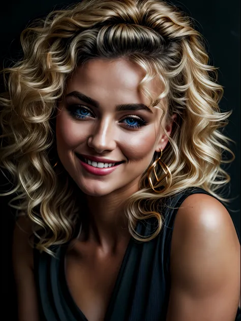 An editorial-style photo of a blonde woman with slightly curly hair, captivating blue eyes, thick black eyebrows, and a perfectl...