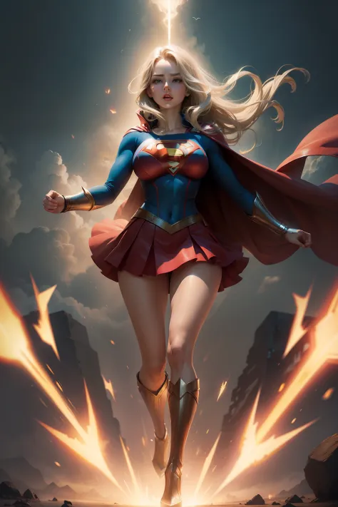 Beautiful woman defined full body big breasts, wearing Supergirl cosplay, floating, heroic pose, full body, floating in the air