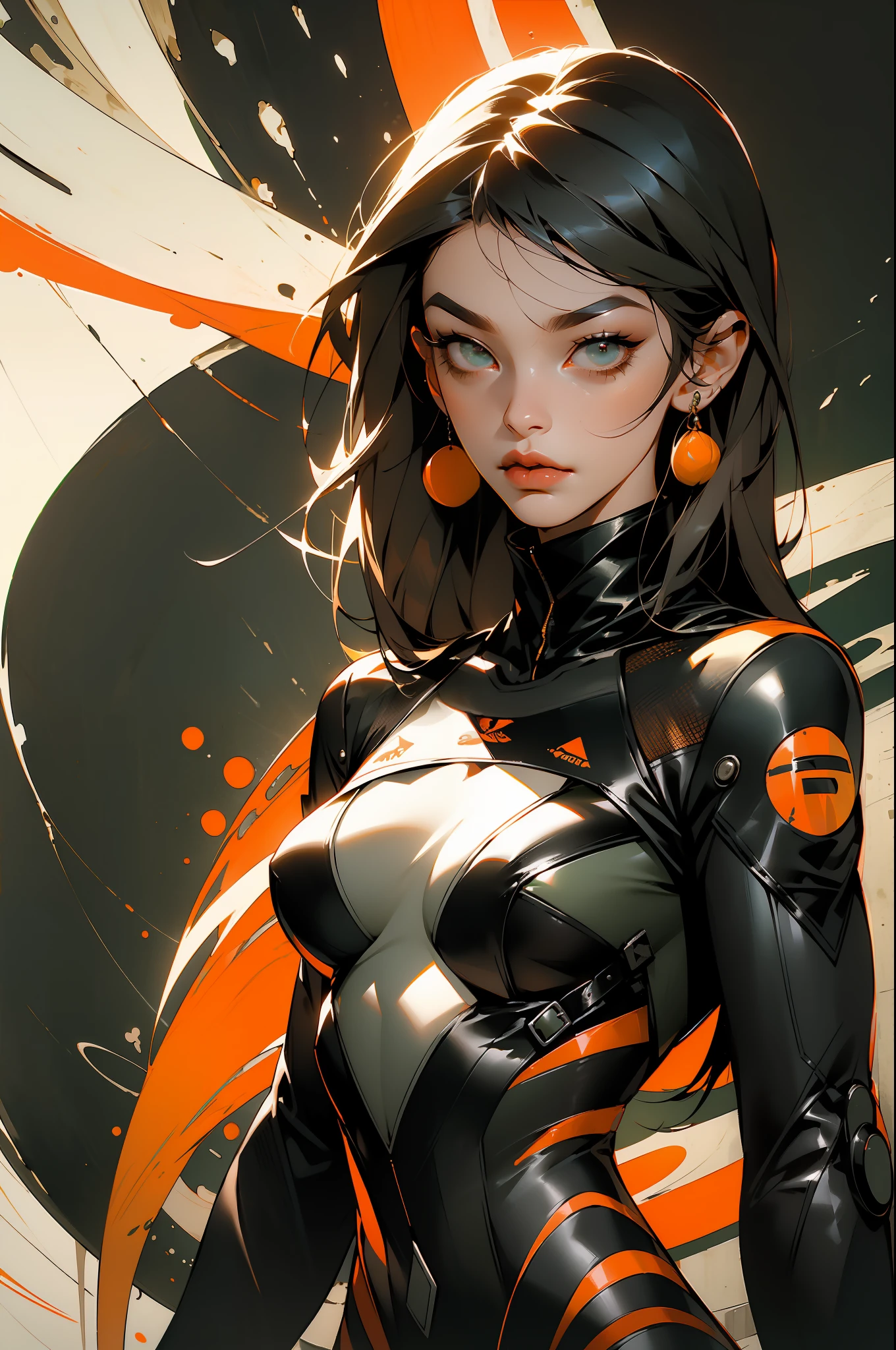 orange, Pink, offwhite, Unripe, (black hair woman (with heavy bangs covering the forehead)), tattoo's, (techwear clothes: 1.1), abstract lines and background circles, fully body