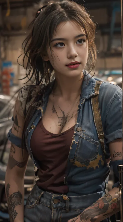 ((best quality)), ((masterpiece)), (detailed), mesmerizing and alluring female mechanic covered in grease,Confident smile
， (Dirty and rugged charm:1.2), (tough and confident demeanor:1.1), (mechanical expertise:1.3), disheveled hair, smudged face with a p...