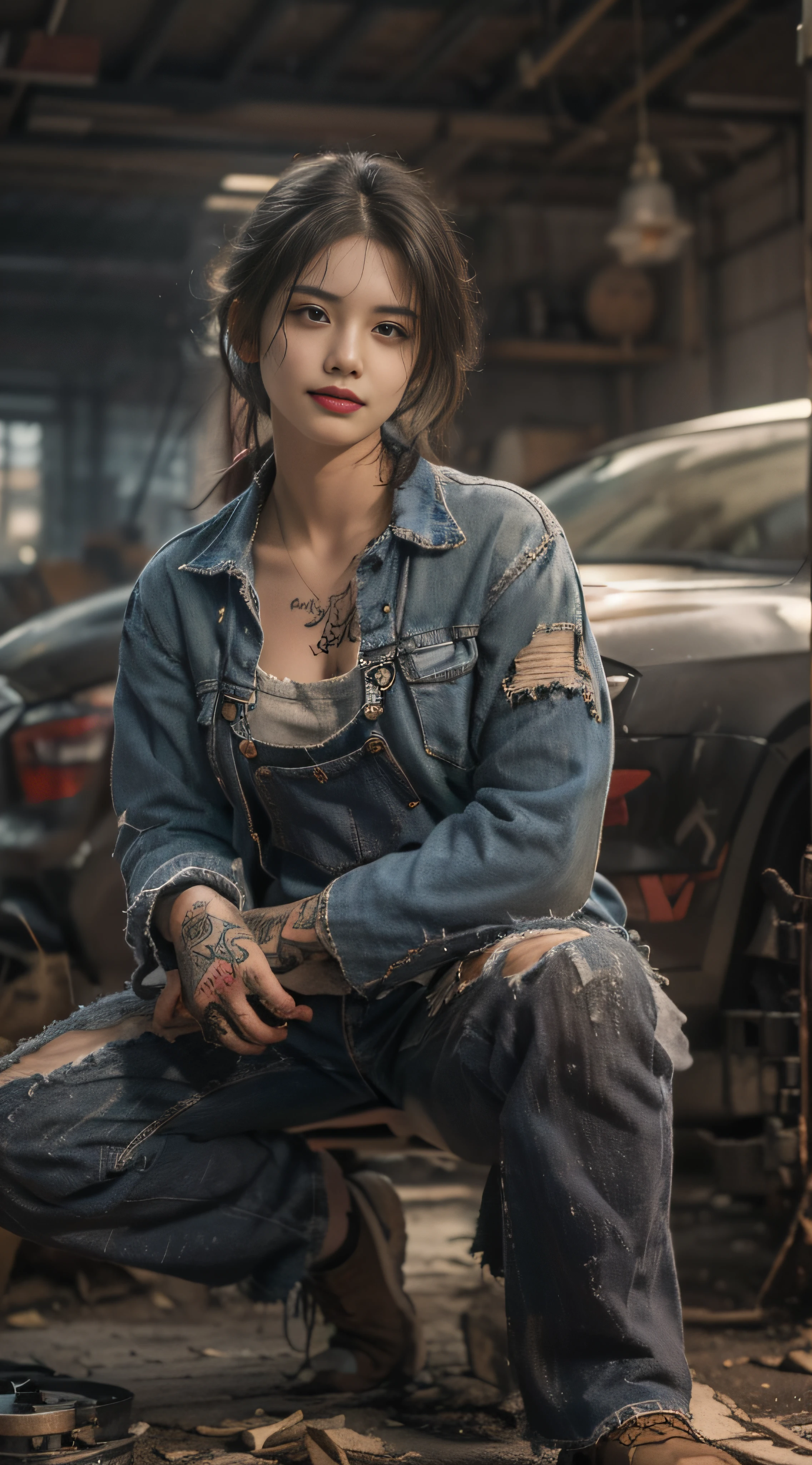 ((best quality)), ((masterpiece)), (detailed), mesmerizing and alluring female mechanic covered in grease,Confident smile
， (Dirty and rugged charm:1.2), (tough and confident demeanor:1.1), (mechanical expertise:1.3), disheveled hair, smudged face with a playful smirk, stained overalls clinging to her curves, (gritty tools of the trade:1.2), cluttered repair shop, scattered car parts, (authentic automotive ambiance:1.2), (intense gaze:1.1), gripping a wrench in her dirty hands, 8k resolution,looking at another, looking away,( tattoo:1.2), masterpiece, best quality,Photorealistic, ultra-high resolution, photographic light