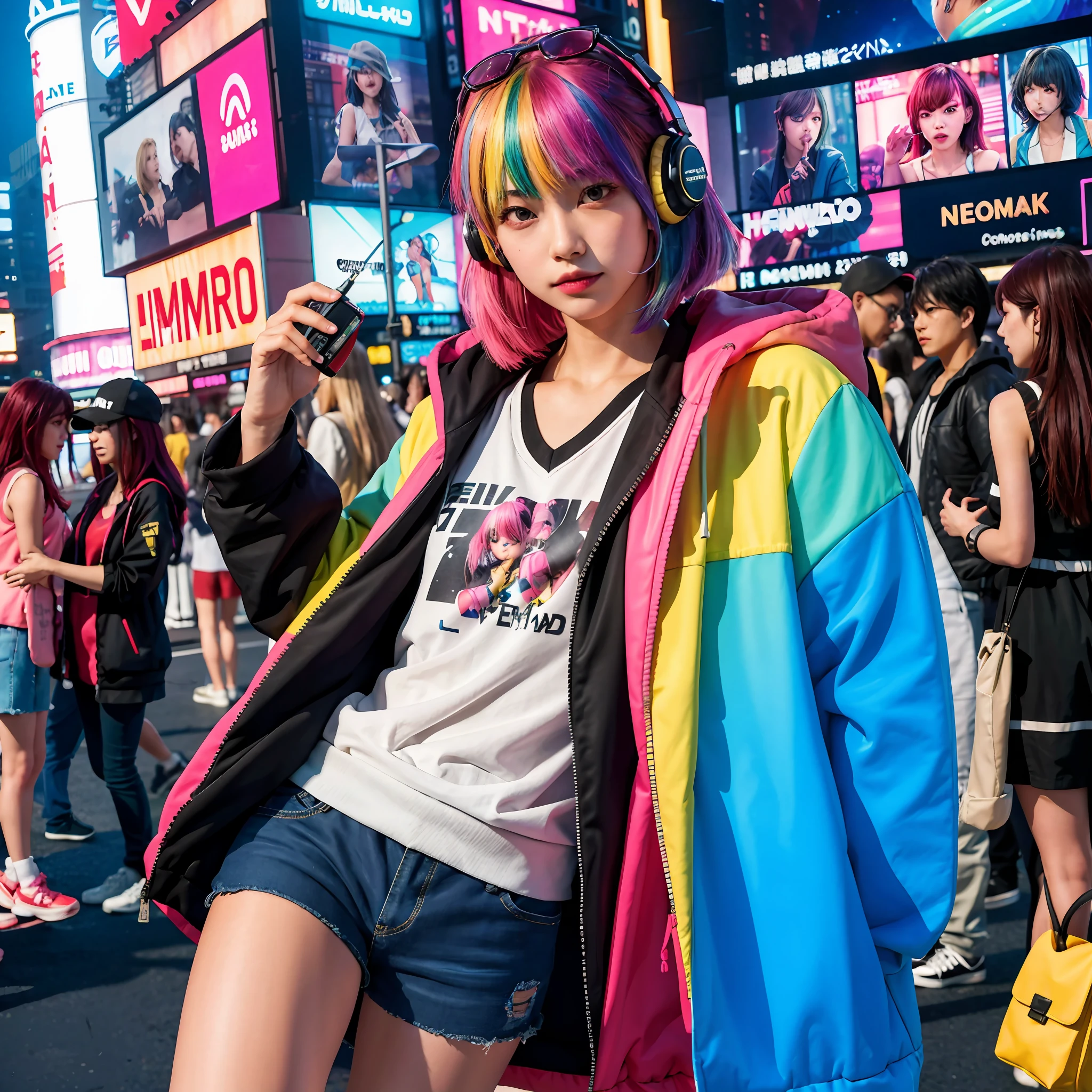 (in 8K、RAW Photos、top-quality、​masterpiece:1.2)、(realisitic、Photorealsitic:1.37)、ultra-detailliert、超A high resolution、1girl、独奏、rainbow hair、parka、espadrilles、straight haired、headphones、Long、full bodyesbian、natta、neons、Times square、cyberpunked