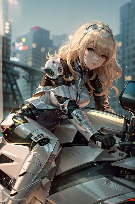 Blonde woman in futuristic outfit sitting on a motorcycle in the city, girl in mecha cyber armor, cyberpunk anime girl mech, Cut...