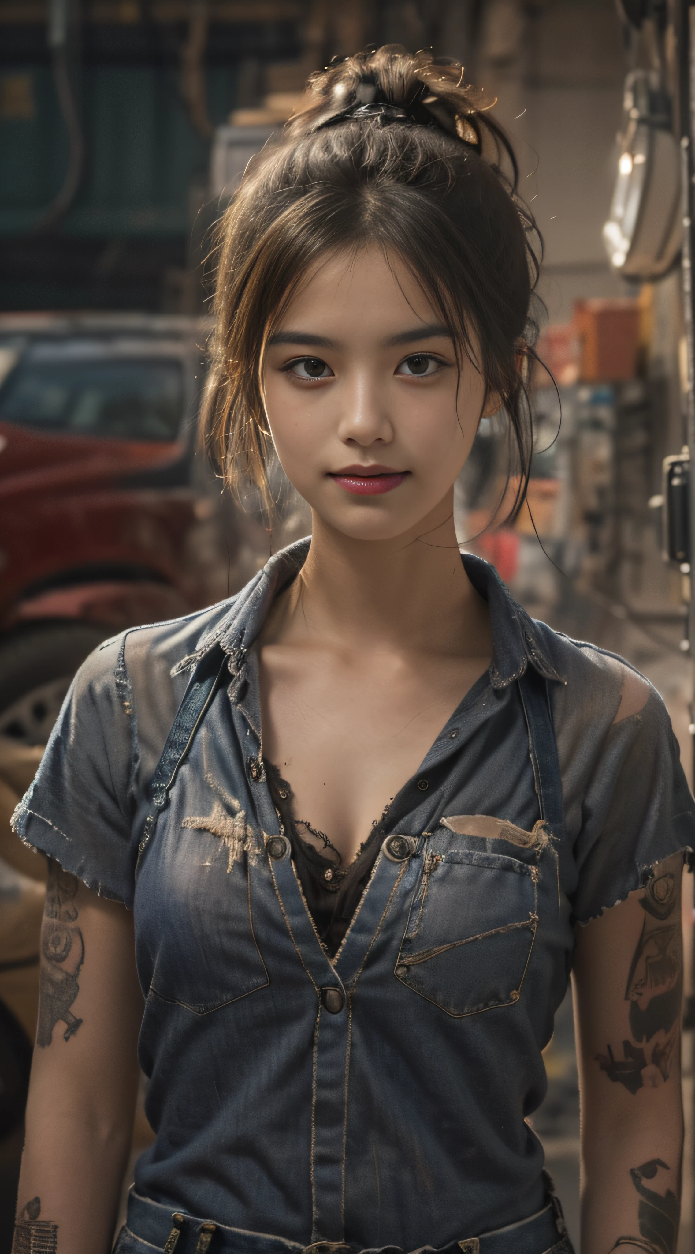 ((best quality)), ((masterpiece)), (detailed), mesmerizing and alluring female mechanic covered in grease,Confident smile，(Dirty and rugged charm:1.2), (tough and confident demeanor:1.1), (mechanical expertise:1.3), disheveled hair, smudged face with a playful smirk, stained overalls clinging to her curves, (gritty tools of the trade:1.2), cluttered repair shop, scattered car parts, (authentic automotive ambiance:1.2), (intense gaze:1.1), gripping a wrench in her dirty hands, 8k resolution,looking at another, looking away,( tattoo:1.2), masterpiece, best quality,Photorealistic, ultra-high resolution, photographic light