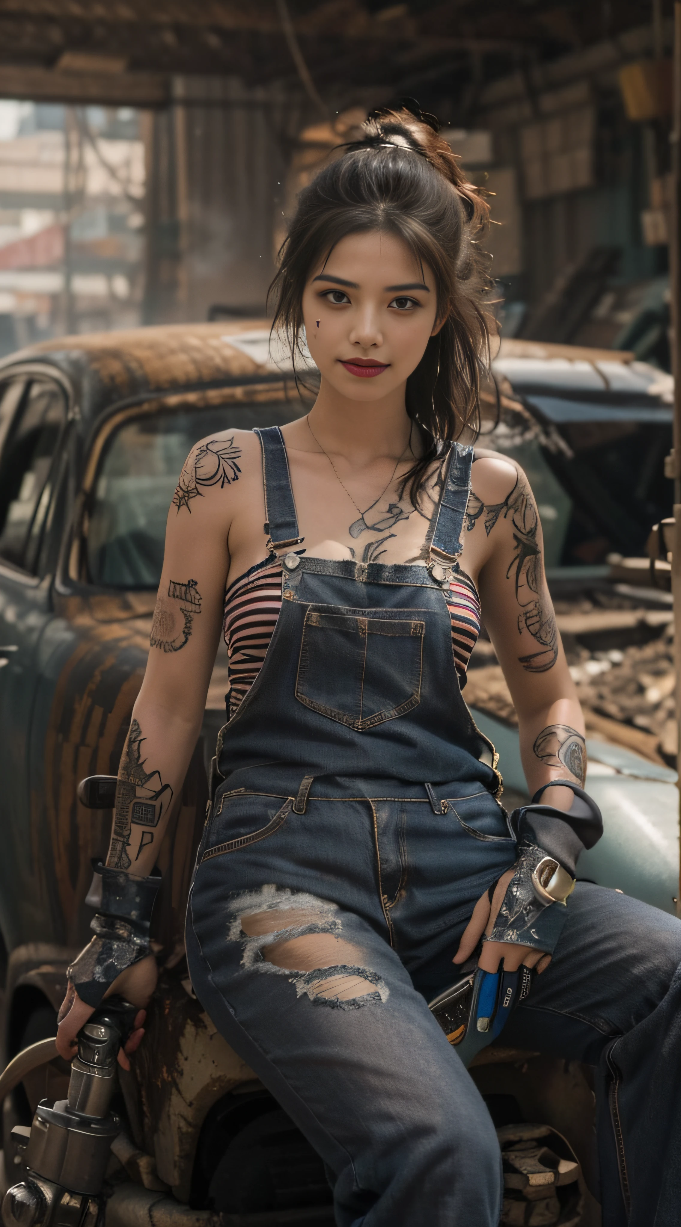 ((best quality)), ((masterpiece)), (detailed), mesmerizing and alluring female mechanic covered in grease,Confident smile，(Dirty and rugged charm:1.2), (tough and confident demeanor:1.1), (mechanical expertise:1.3), disheveled hair, smudged face with a playful smirk, stained overalls clinging to her curves, (gritty tools of the trade:1.2), cluttered repair shop, scattered car parts, (authentic automotive ambiance:1.2), (intense gaze:1.1), gripping a wrench in her dirty hands, 8k resolution,looking at another, looking away,( tattoo:1.2), masterpiece, best quality,Photorealistic, ultra-high resolution, photographic light