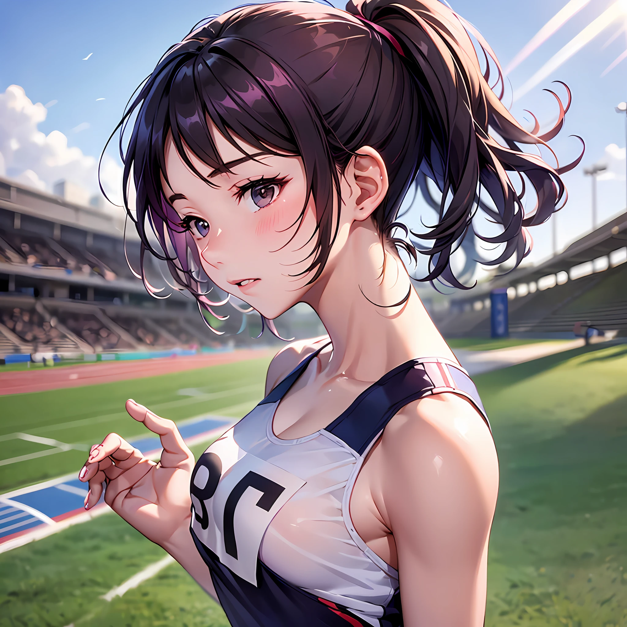 In the scorching heat of a summer day, an 18-year-old girl named Sakura stands on the sun-drenched track field, her athletic prowess and beauty setting her apart from the rest. With her raven hair tied in a high ponytail, her toned muscles hint at the countless hours she has dedicated to training.

Sakura's passion for track and field runs deep in her veins. From a young age, she discovered the joy of running, feeling the  and exhilaration as she raced against the wind. Her love for the sport grew, and with each stride, she knew she was meant to chase her dreams on the track.

As a star sprinter for her school, Sakura is committed to reaching new heights in her athletic journey. Her competitive spirit fuels her determination, and her beauty lies not only in her appearance but also in her unwavering dedication to the sport she loves.

Under the guidance of her caring coach, Mr. Tanaka, Sakura hones her skills day in and day out. The summer season is particularly important, as it leads up to the regional championships. The hot weather poses challenges, but Sakura embraces it as an opportunity to push her limits further.

In the early morning, before the sun fully rises, Sakura can be found training on the track. She works on her starts, fine-tunes her form, and practices running drills. As the day progresses, she heads to the gym to build her strength and endurance, knowing that every ounce of effort will pay off on the track.

Outside of training, Sakura also takes care of her body and mind. She nourishes herself with a balanced diet, ensuring she has the energy to perform at her best. In her downtime, she finds solace in nature, often jogging through nearby parks, feeling the earth beneath her feet and the wind in her hair.