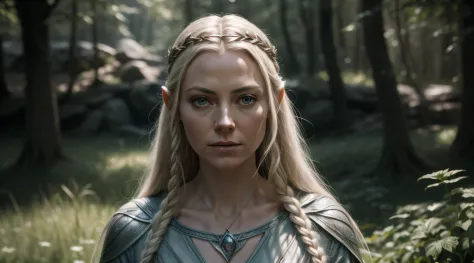 (Galadriel character in the series "The Lord of the Rings: The Rings of Power"), como Morfydd Clark, auto retrato hiper-realista...