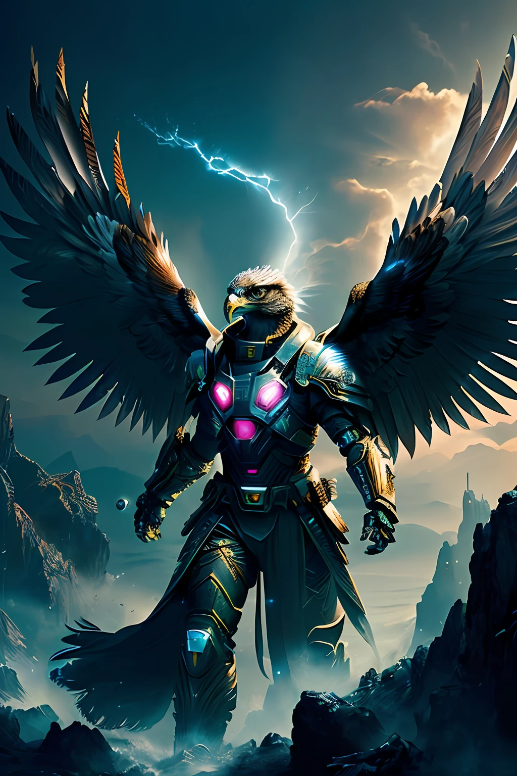 Eagle Falcon Warrior，Eagle head mask，Hawkeye，Eagle beak， An eagle warrior with an eagle falcon face and wings stands in front of the alien city,Close-up of the eagle falcon，Huge wings glow， Beautiful and elegant King Falcon,The head is the head of an eagle，（（best qualtiy））， （（tmasterpiece））， （high detal：1.3）， 3D， Machine gun in hand，（cyber punk perssonage：1.2） special ops， robbot，（Armed uniforms：1.1）， bulletproof vest， raincoat， number （disguise： 1.3）， hdr（HighDynamicRange）， Ray traching， NVIDIA RTX， 超高分辨率， Unreal 5， sub surface scattering， PBR textures， post-proces， Anisotropic filtering， depth of fields， Maximum clarity and sharpness， Many-Layer Textures、Albedo and reflection maps、Surface coloring、Accurately simulate the interaction of light and materials、Ideal proportions、rendering by octane、bicolor lighting、largeaperture、Low ISO、White balance、trichotomy、8K raw data、Effective subpixels、sub-pixel convolution、 Symmetrical epic fantasy art,  Lei Zhenzi is in the list of dedications, The head is an eagle falcon， fuchsia skin beneath the armor, Thunder Mako, fuchsia skin below the armor,  Detailed digital 2D fantasy art, Epic fantasy art style HD, 8K fantasy art, King of Birds