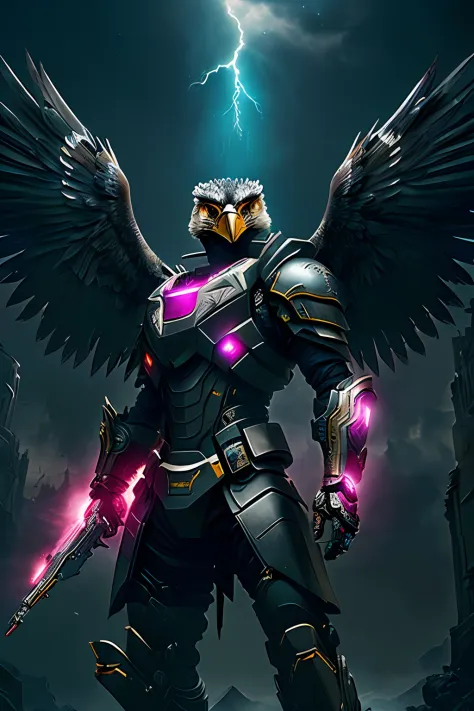 eagle falcon warrior，eagle head mask，hawkeye，eagle beak， an eagle warrior with an eagle falcon face and wings stands in front of...