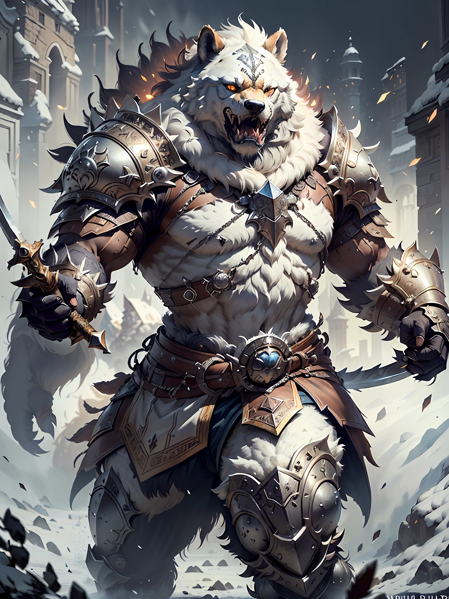 (un escudo，Oso blanco con espada y armadura)， goliat bárbaro vestido de piel, Armadura de piel, Usando una intrincada armadura de piel, (((Rugió al instante))) armadura blanca intrincada, armadura blanca detallada, wojtek fus, personaje de fantasía hiperdetallado, armadura de lobo, Arte de personajes de fantasía épica., arte de fantasía peluda, dios del invierno, tendencias en la estación de arte