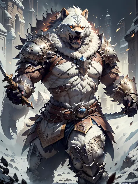 (A shield，White bear with sword and armor)， fur-clad barbarian goliath, fur armour, wearing intricate fur armor, (((Instantly roared))) intricate white armor, detailed white armor, wojtek fus, hyper-detailed fantasy character, wolf armor, Epic fantasy char...