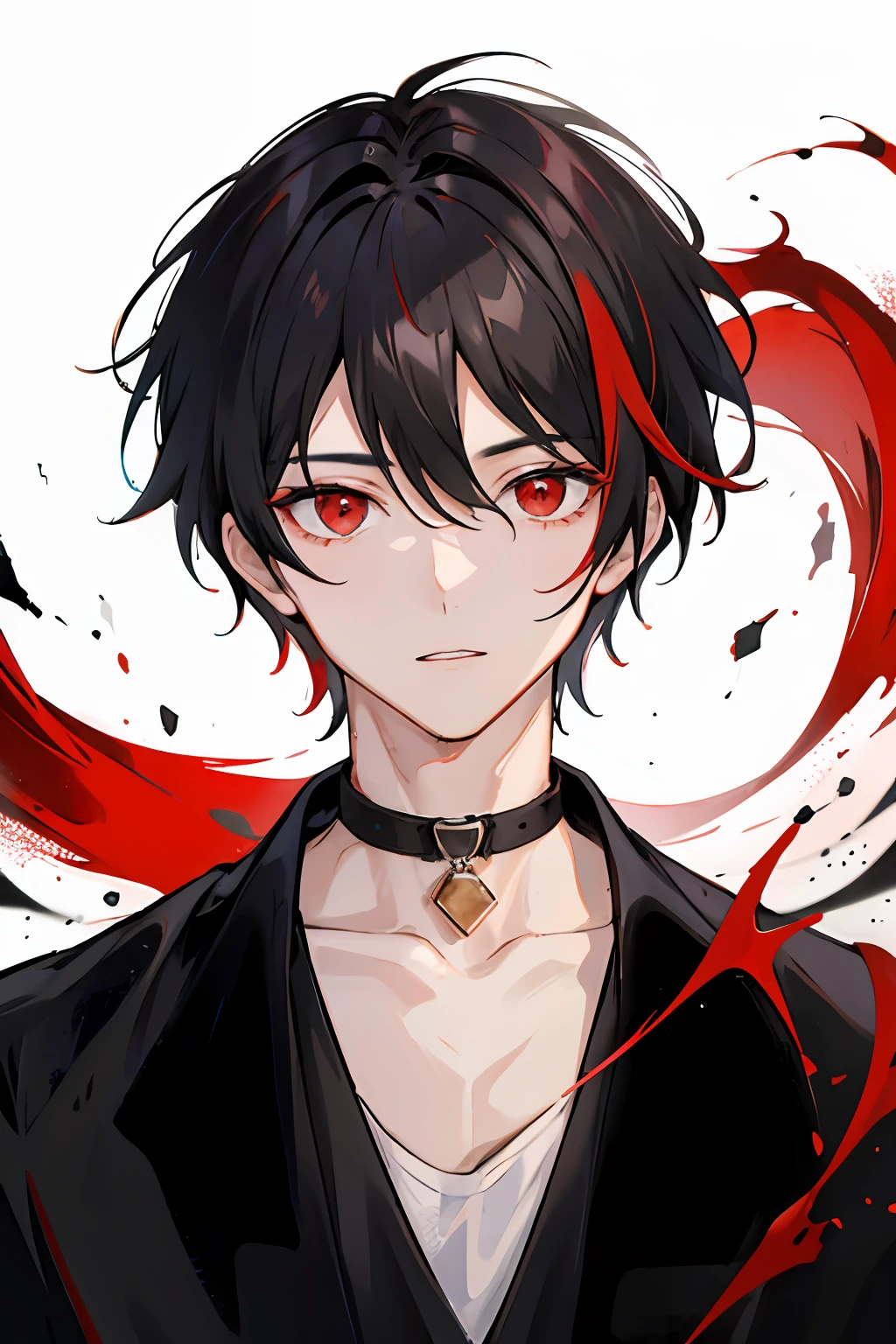 1 guy with short black hair, red eyes