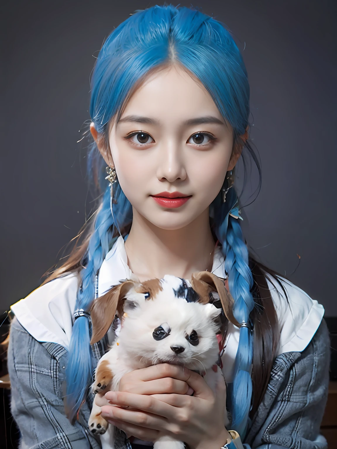 Chinese female high school student，PVC red school uniform，Holding a puppy